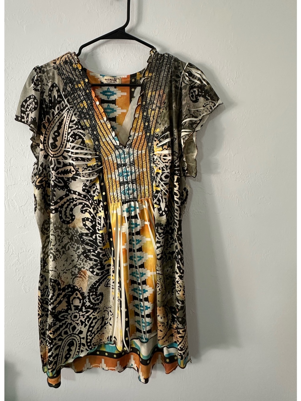 ONE WORLD Printed V-Neck Boho Dress in Black, Cream, Yellow, Teal